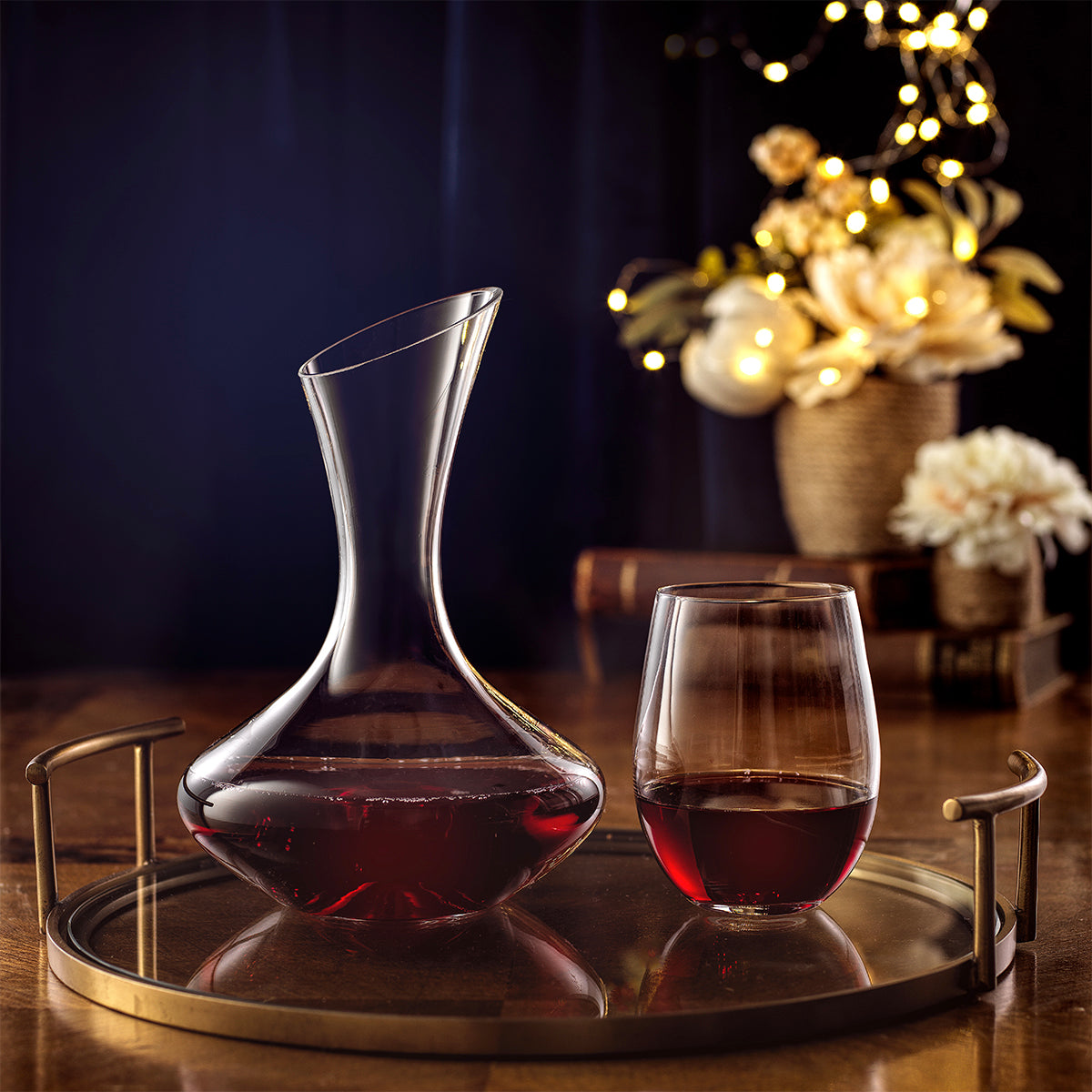 joyjolt-lancia-crystal-wine-decanter-set-40-oz-decanter-4-stemless-glasses image 4