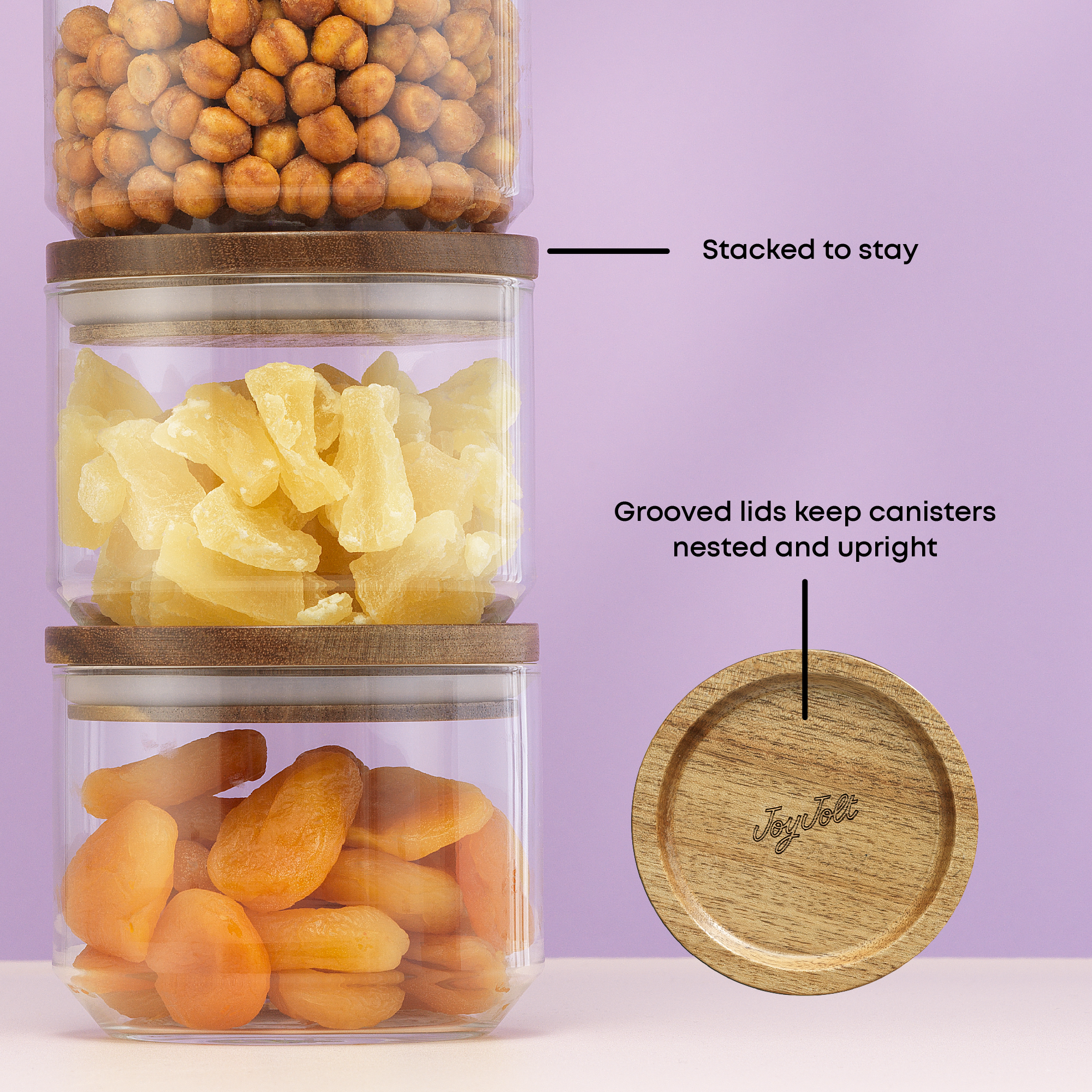 joyjolt-holden-stackable-glass-storage-canister-set-with-wood-lids-and-tray-set- image 6