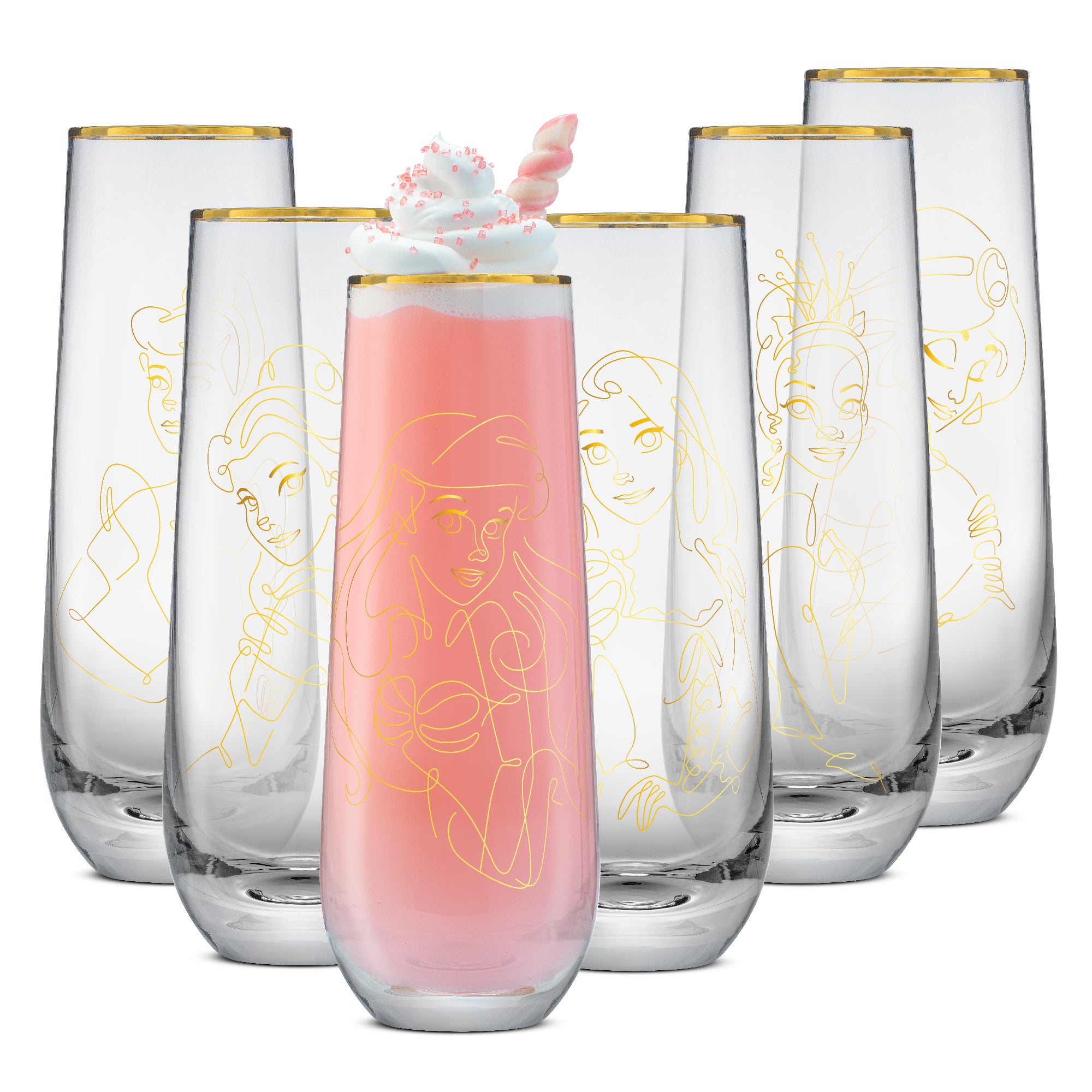 joyjolt-disney-princess-sketch-stemless-flutes-set-of-6-gold-rimmed-glasses image 1