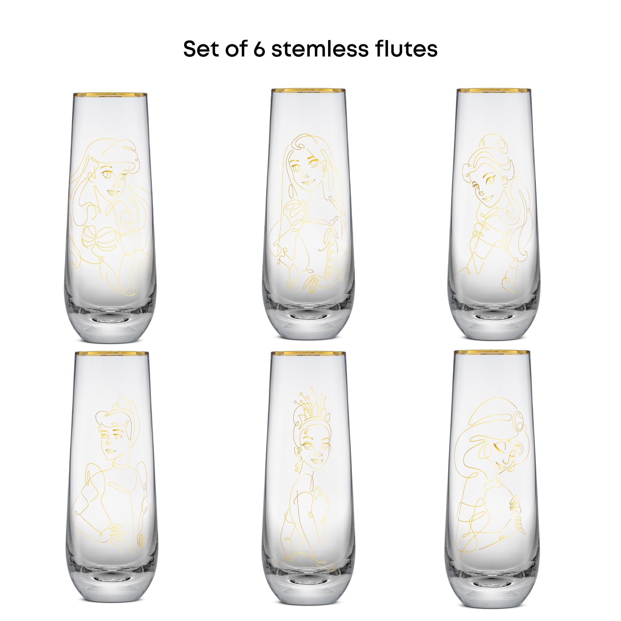 joyjolt-disney-princess-sketch-stemless-flutes-set-of-6-gold-rimmed-glasses image 6