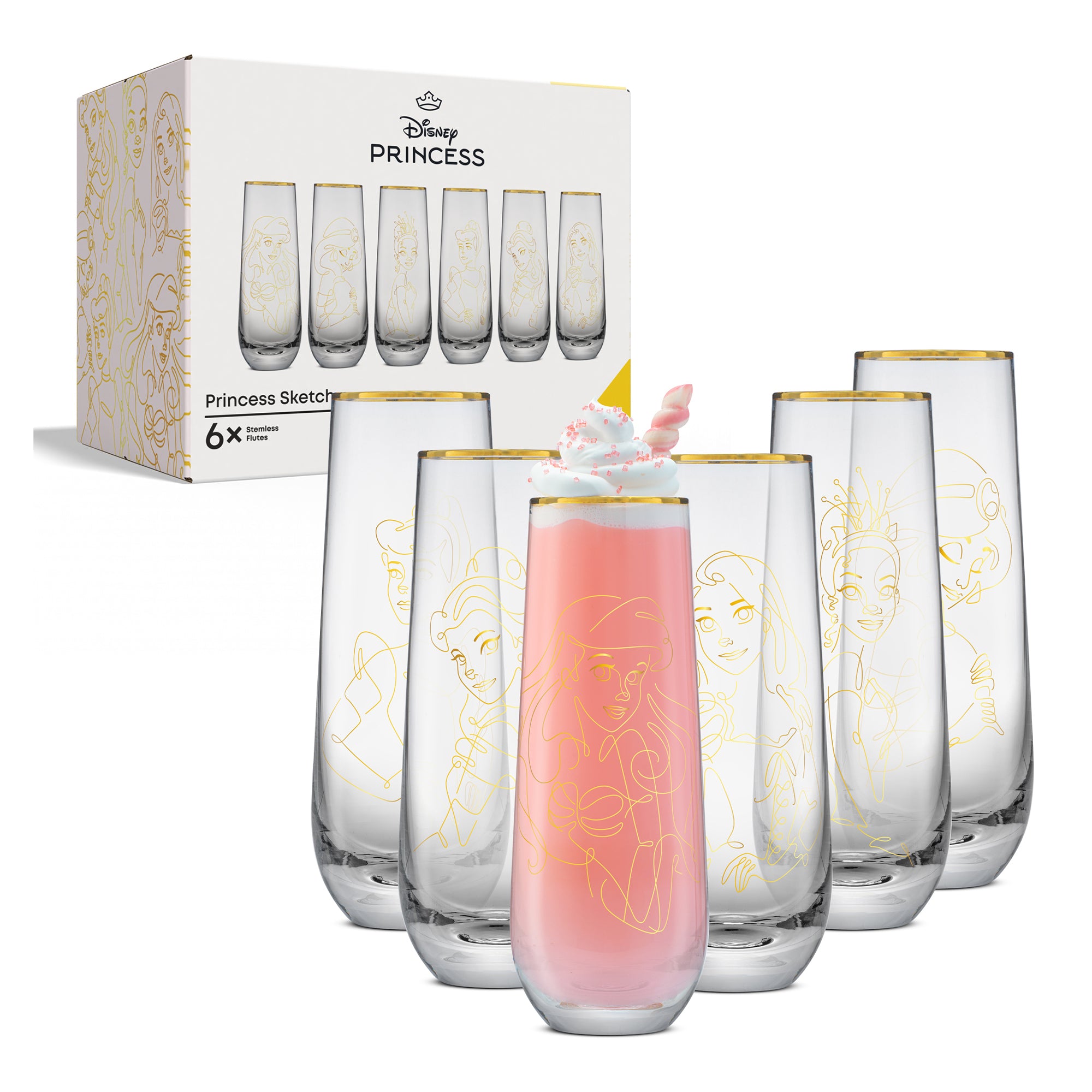 joyjolt-disney-princess-sketch-stemless-flutes-set-of-6-gold-rimmed-glasses image 8