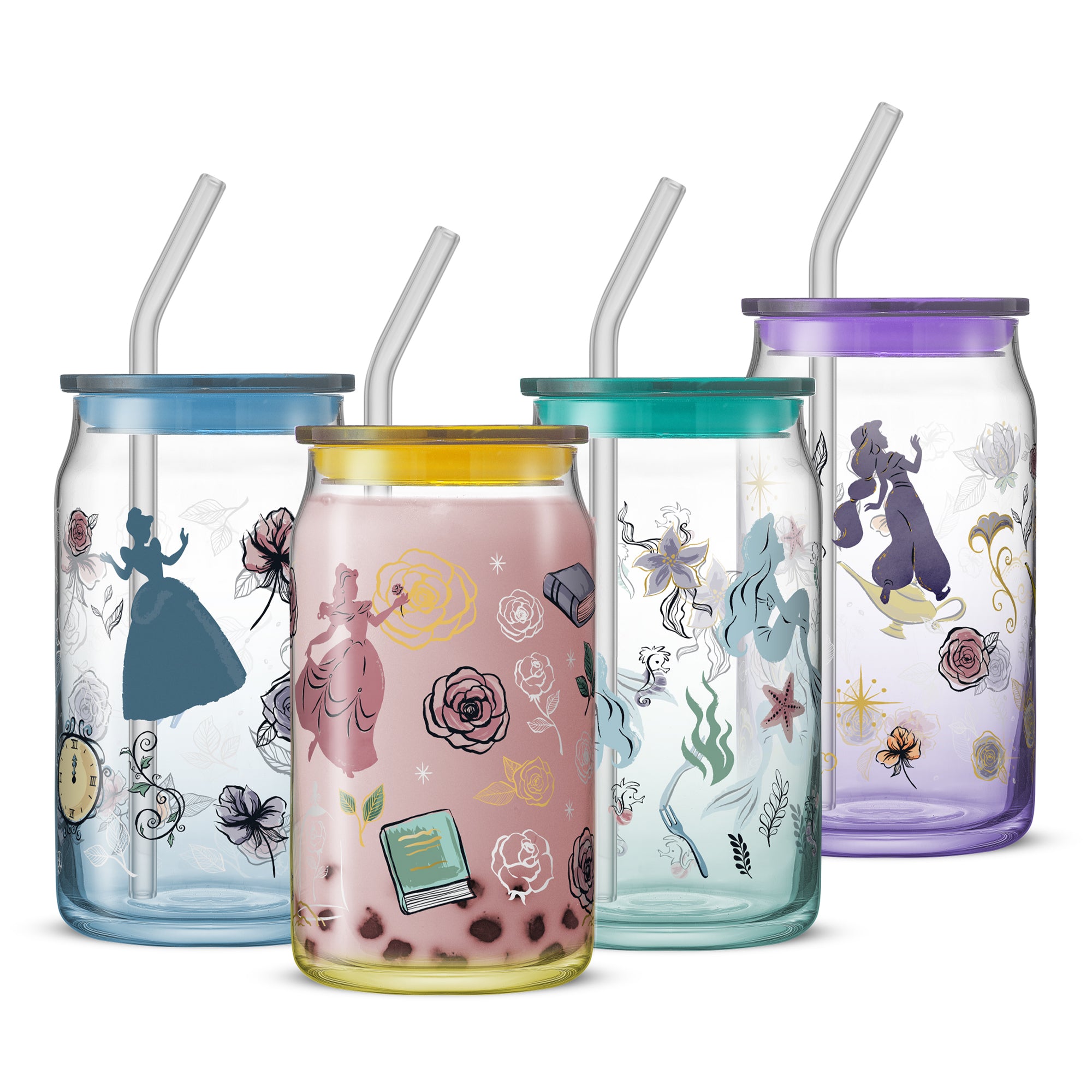joyjolt-disney-princess-icon-tumbler-glasses-with-lids-and-straws-set-of-4 image 1