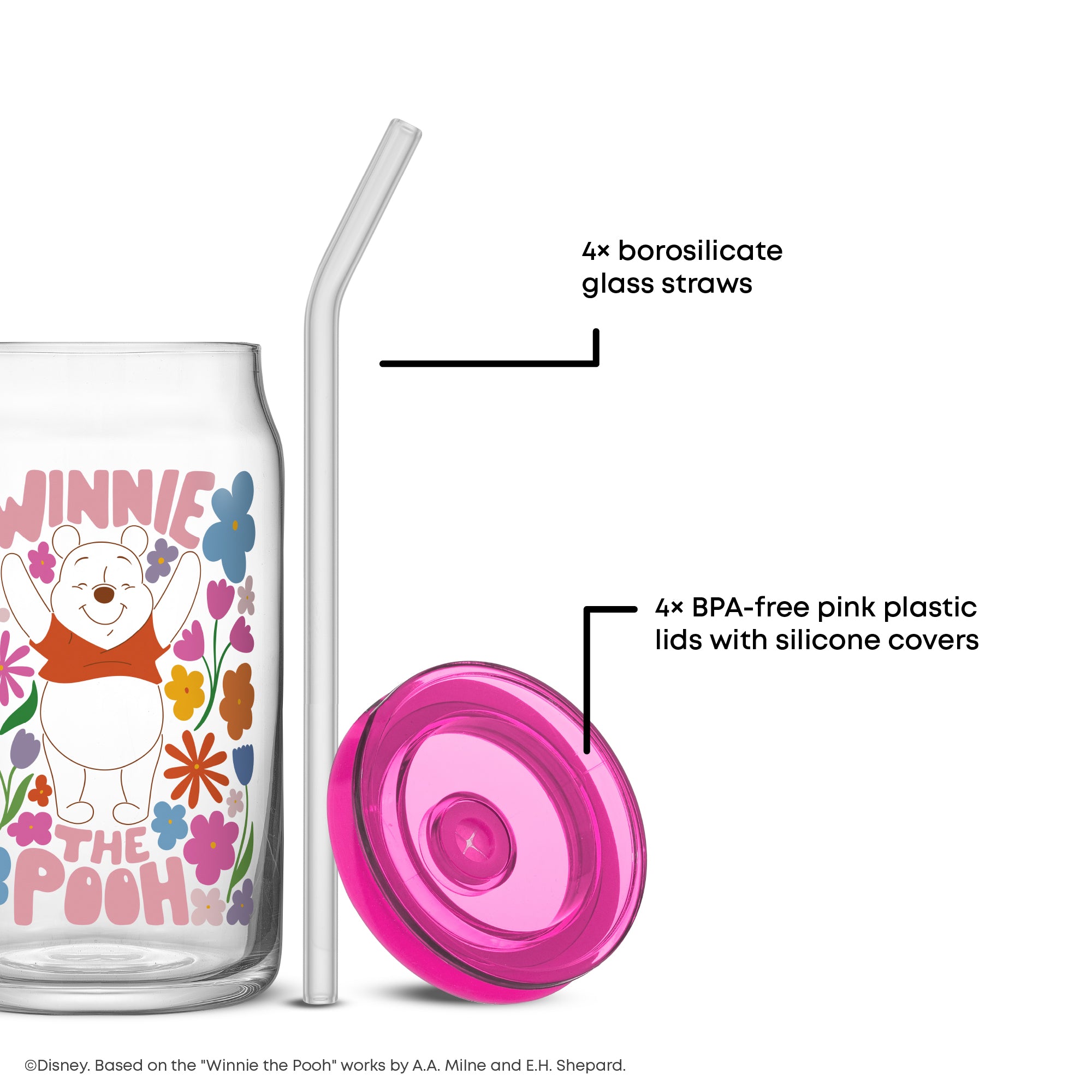 joyjolt-disney-winnie-the-pooh-friends-flower-power-tumbler-glasses-set-of-4 image 3