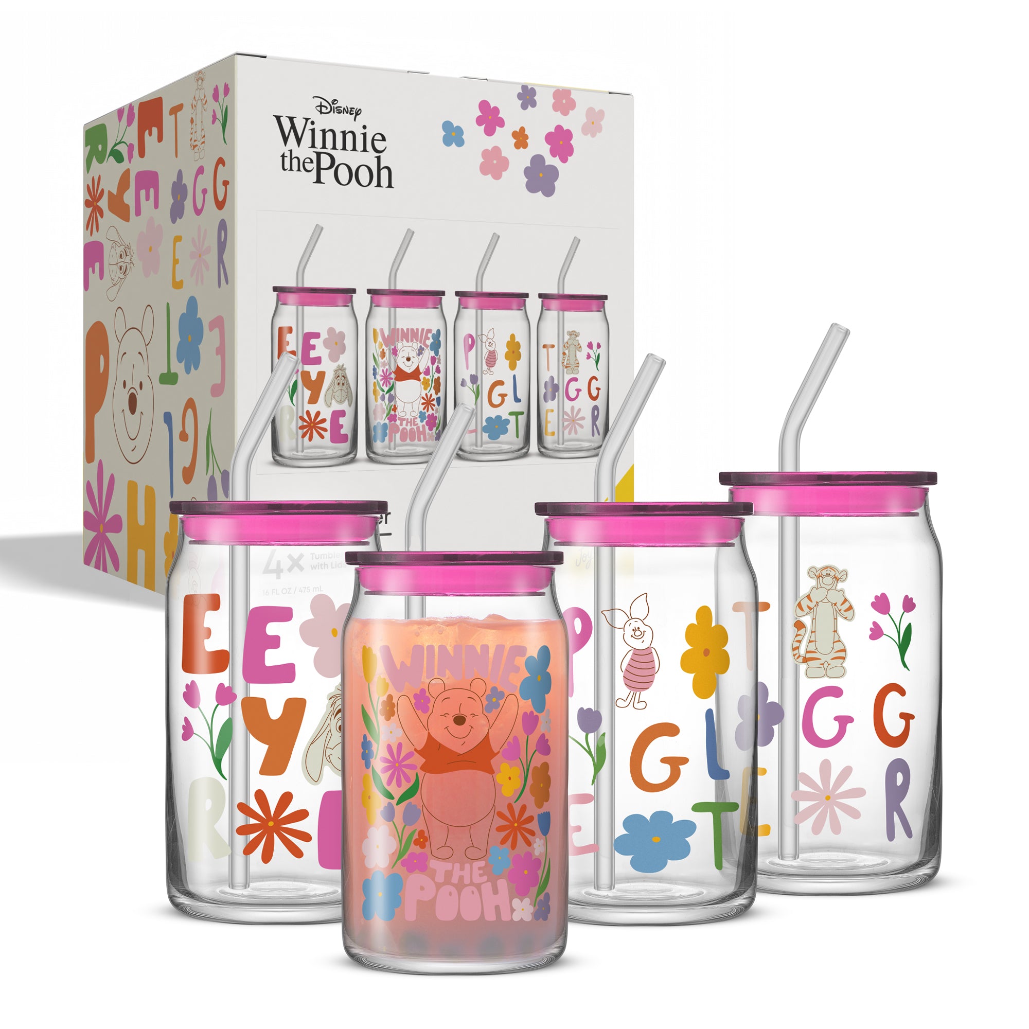 joyjolt-disney-winnie-the-pooh-friends-flower-power-tumbler-glasses-set-of-4 image 6