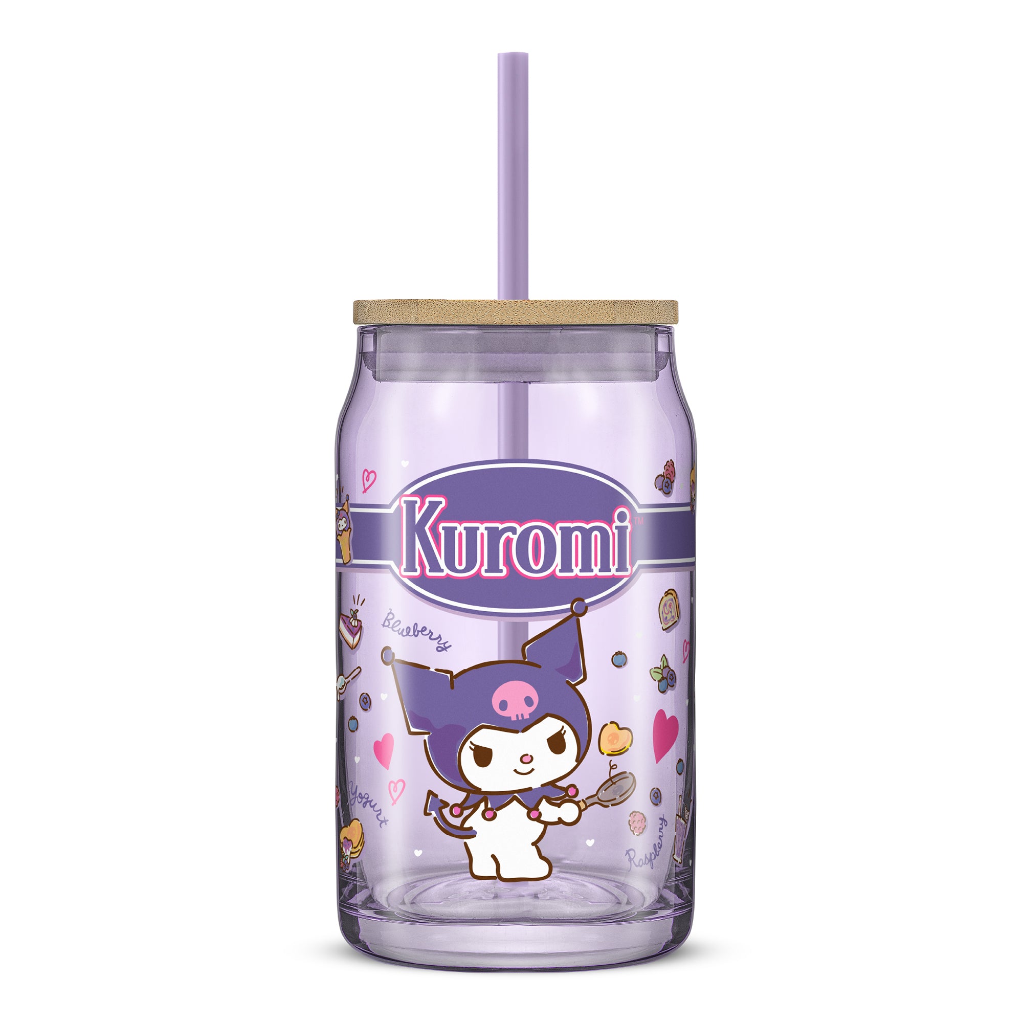 joyjolt-hello-kitty-friends-kuromi-glass-tumbler-with-bamboo-lid-and-straw-16-oz image 1