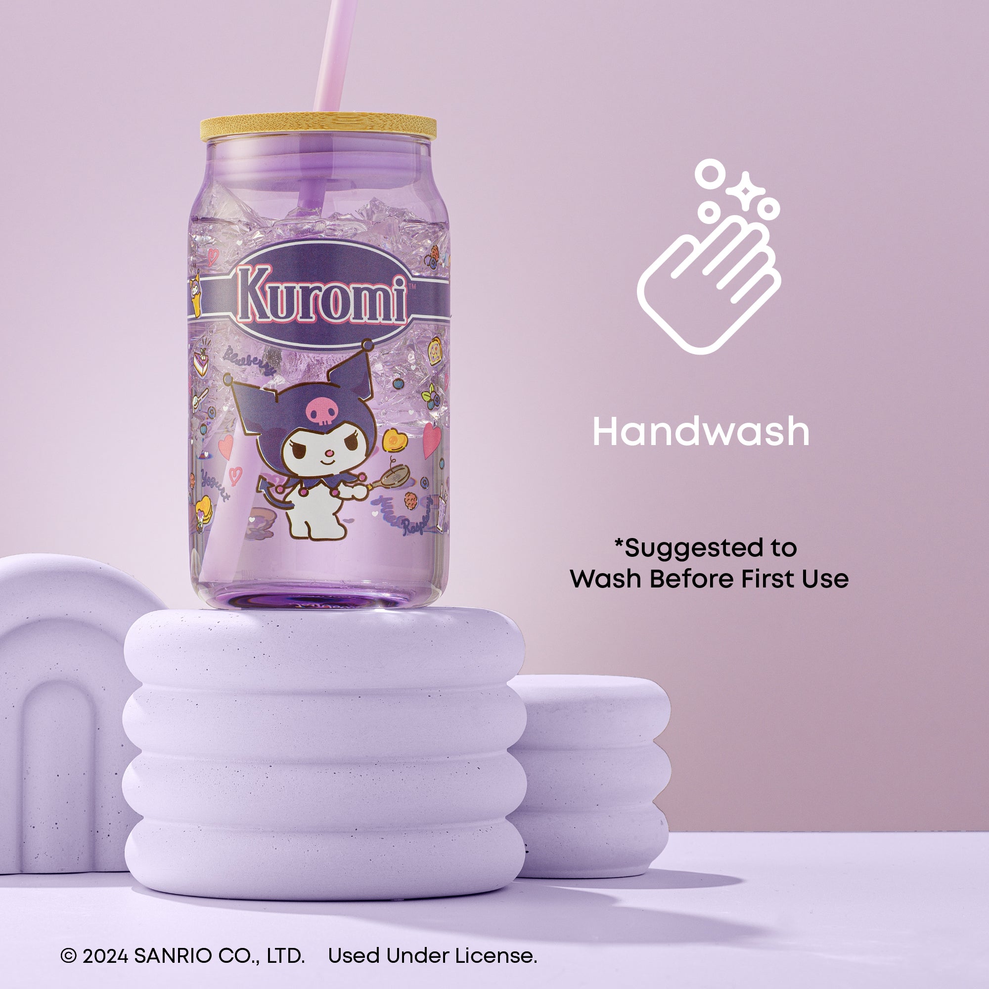 joyjolt-hello-kitty-friends-kuromi-glass-tumbler-with-bamboo-lid-and-straw-16-oz image 5