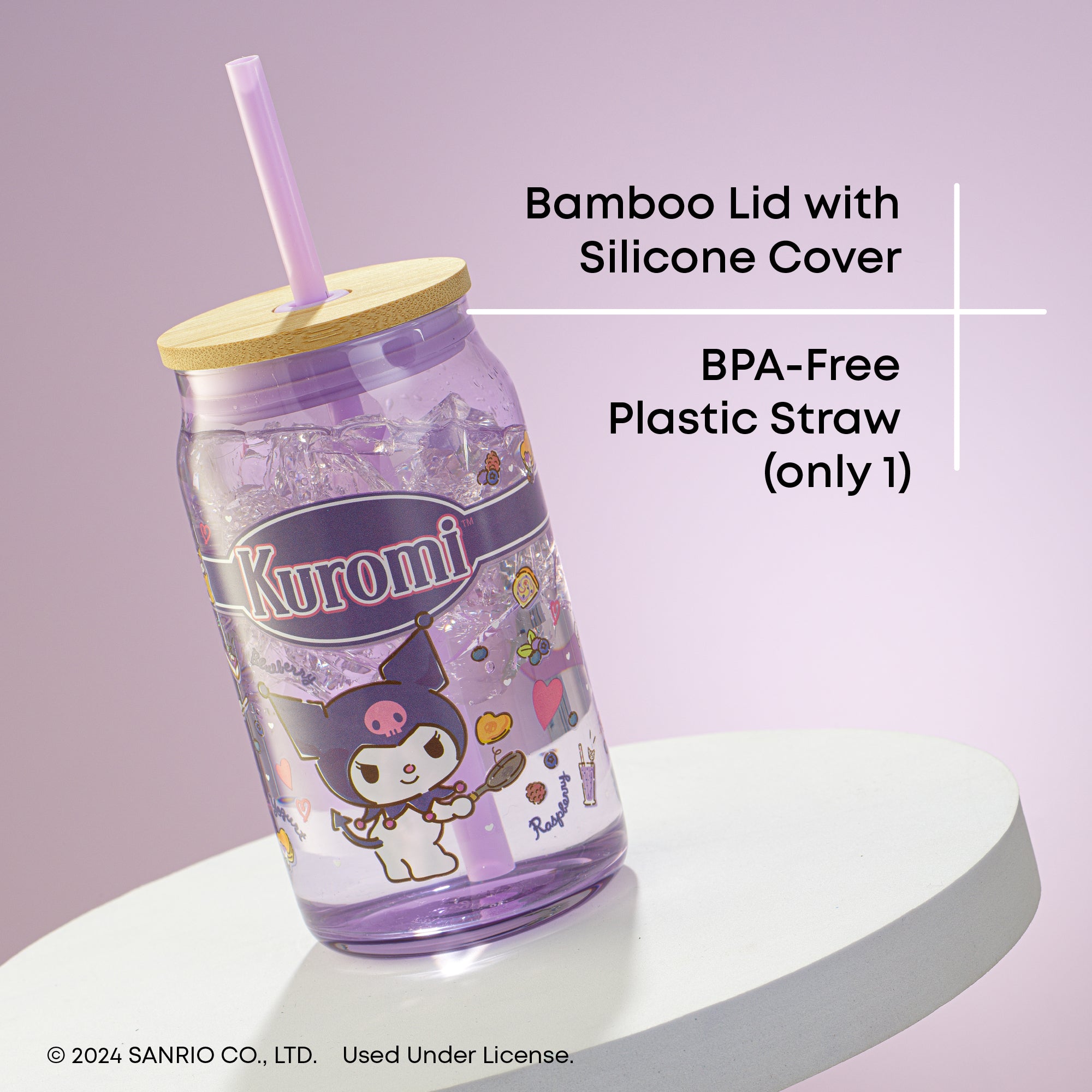 joyjolt-hello-kitty-friends-kuromi-glass-tumbler-with-bamboo-lid-and-straw-16-oz image 6