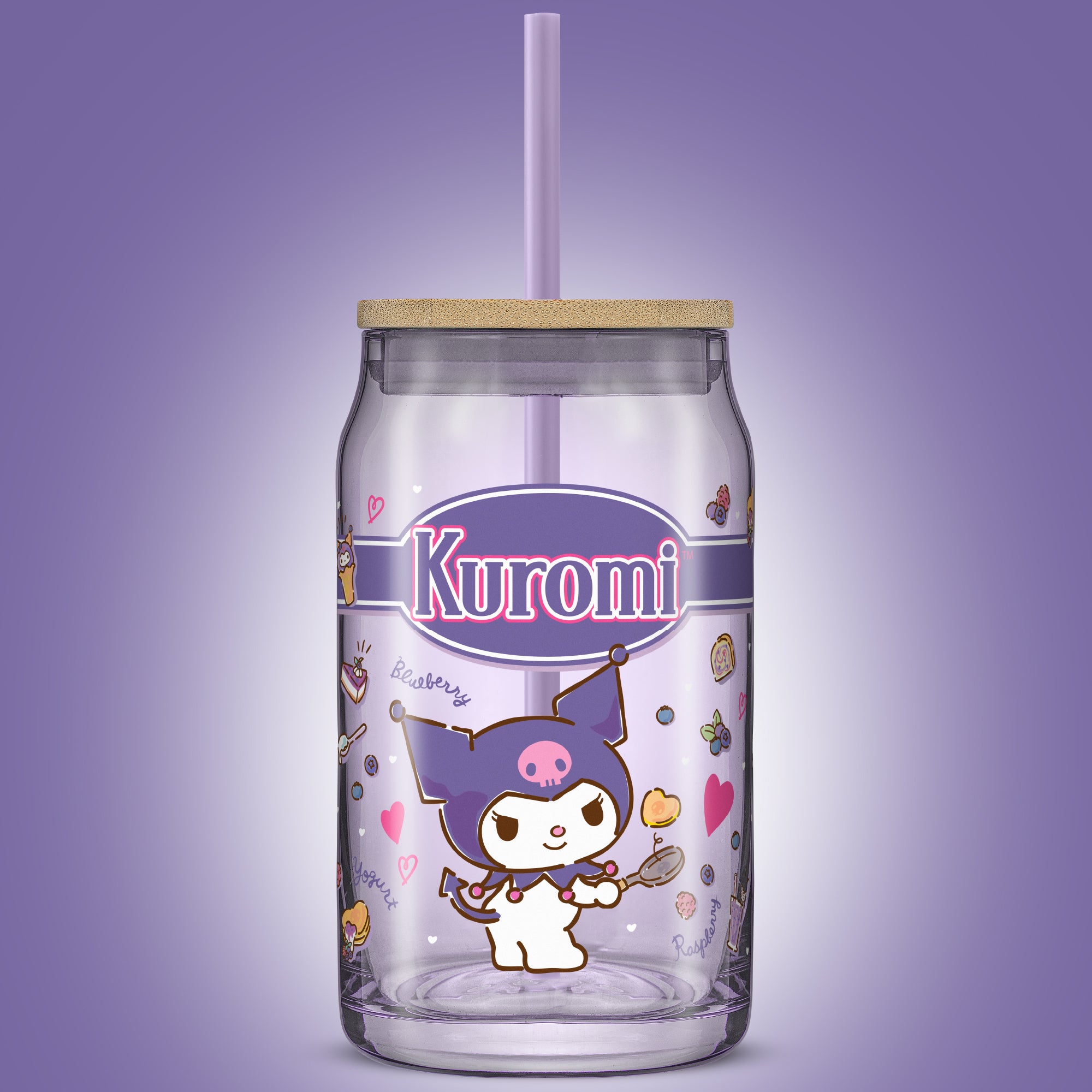 joyjolt-hello-kitty-friends-kuromi-glass-tumbler-with-bamboo-lid-and-straw-16-oz image 2