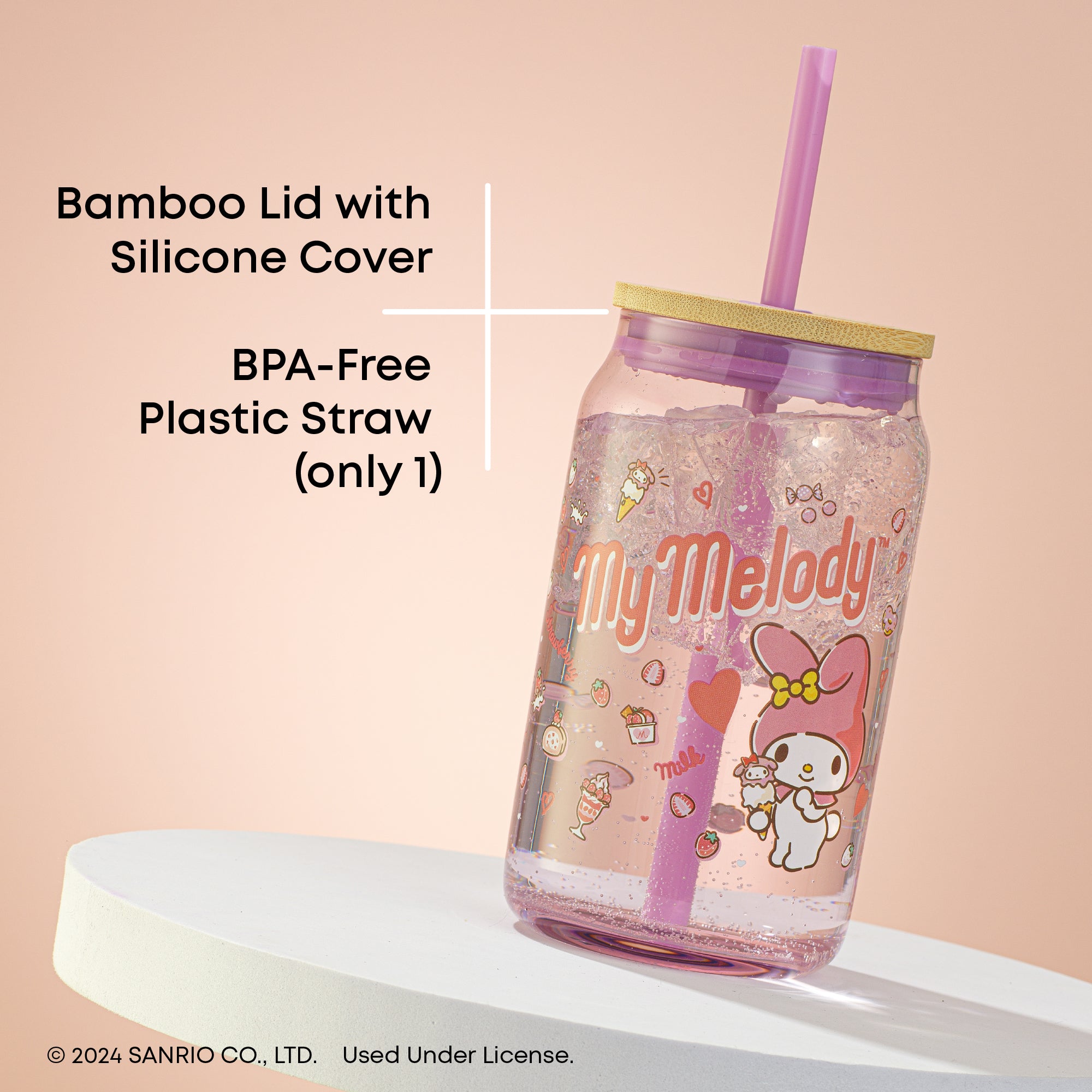 joyjolt-hello-kitty-friends-my-melody-glass-tumbler-16-oz-with-bamboo-lid-straw image 6