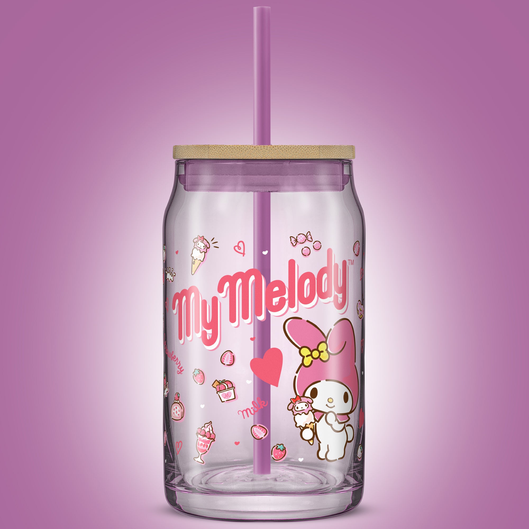 joyjolt-hello-kitty-friends-my-melody-glass-tumbler-16-oz-with-bamboo-lid-straw image 2