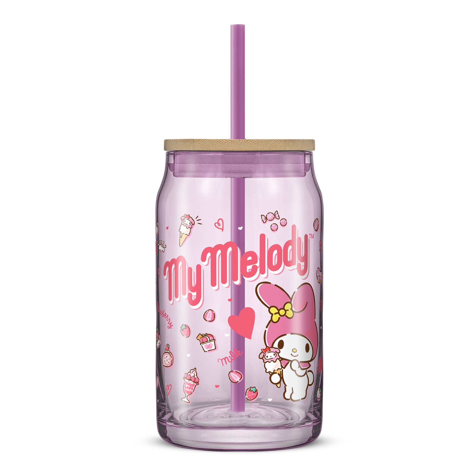 joyjolt-hello-kitty-friends-my-melody-glass-tumbler-16-oz-with-bamboo-lid-straw image 1