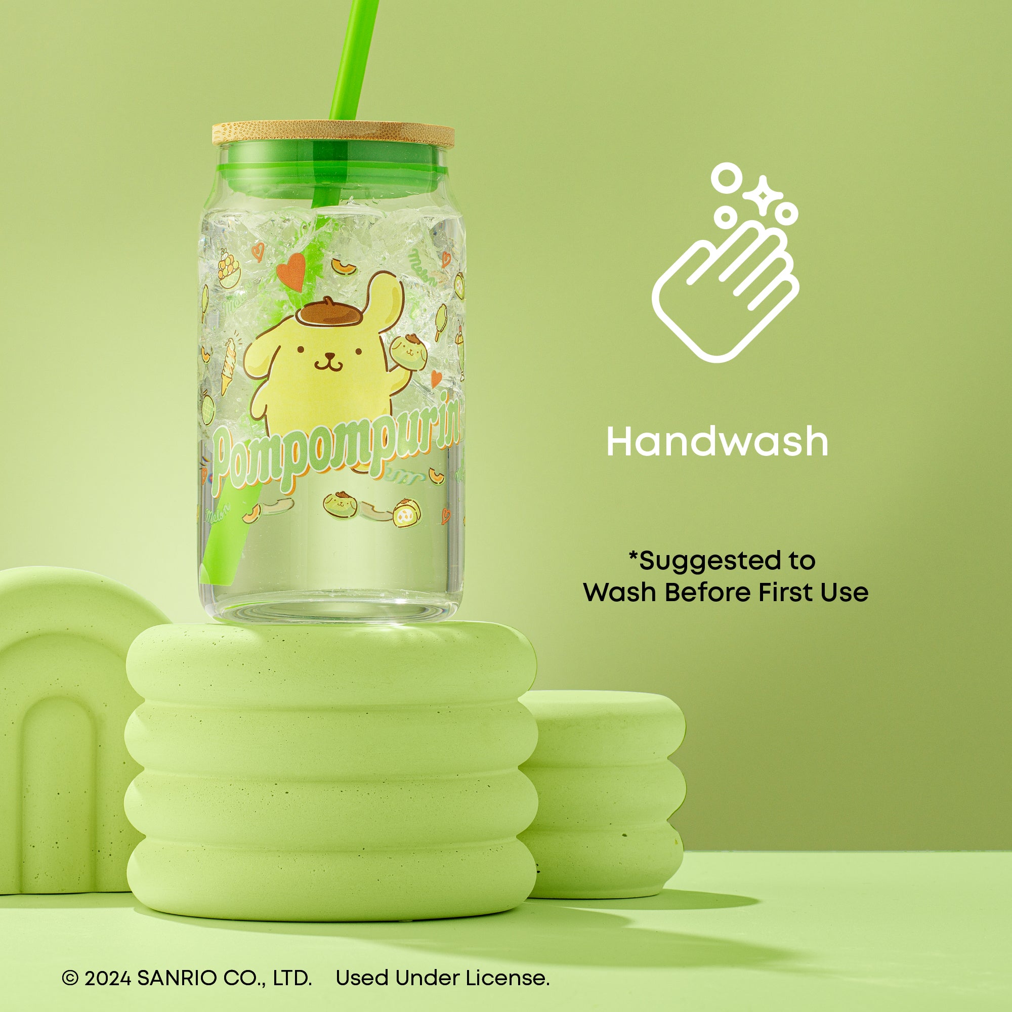 joyjolt-hello-kitty-and-friends-pompompurin-glass-tumbler-with-bamboo-lid-and-st image 5
