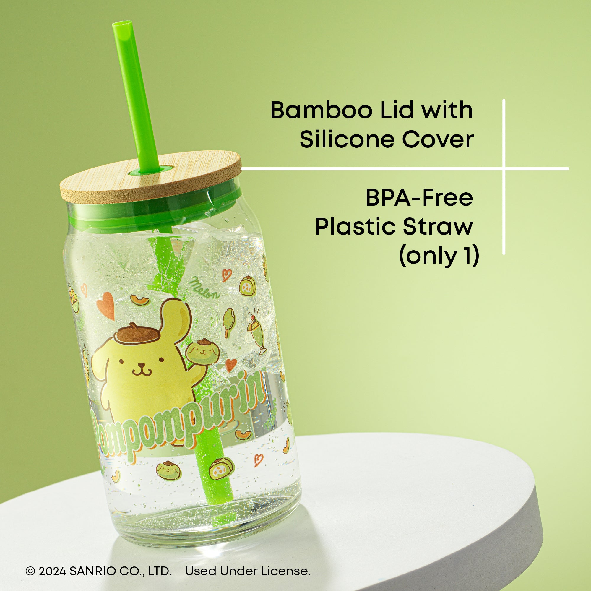 joyjolt-hello-kitty-and-friends-pompompurin-glass-tumbler-with-bamboo-lid-and-st image 6