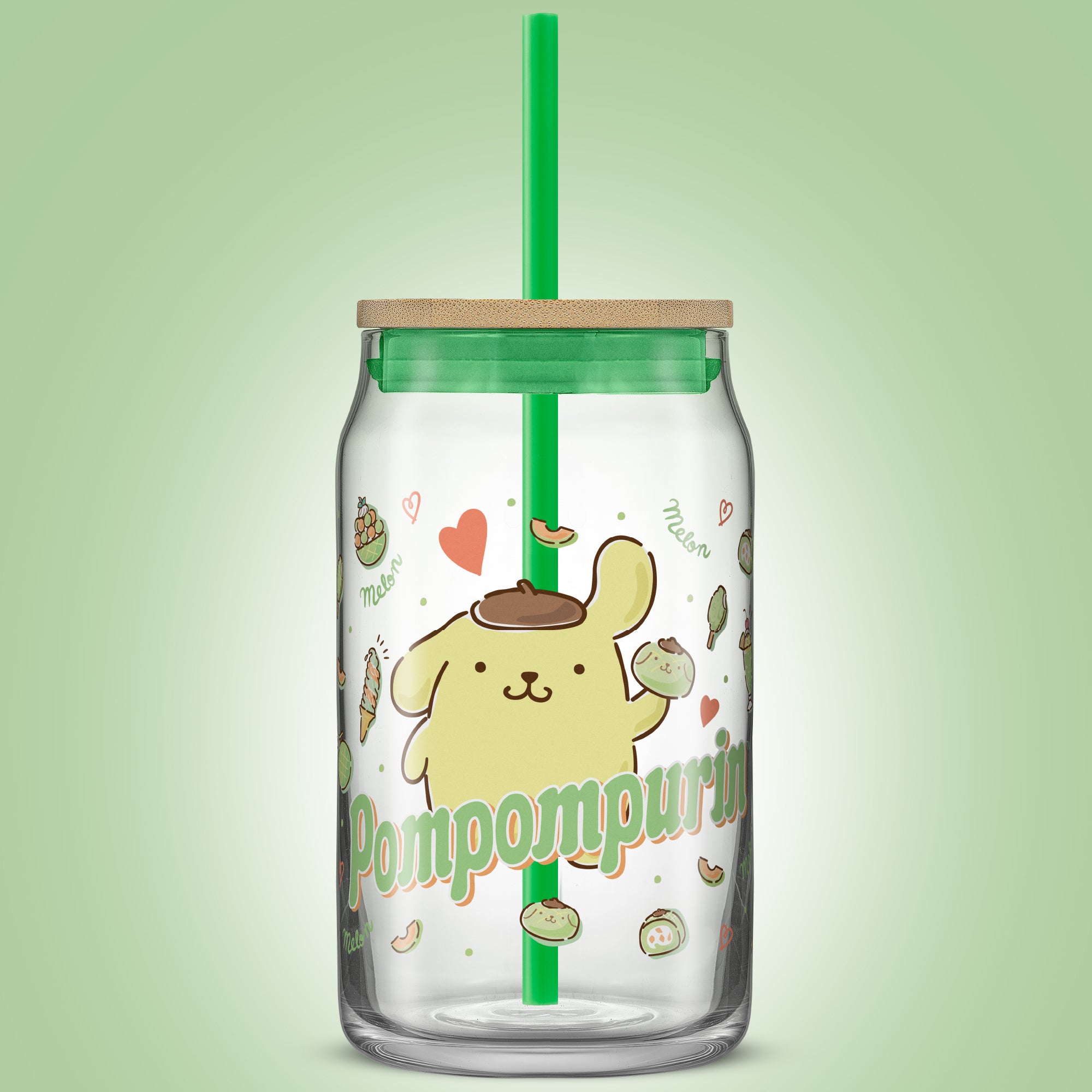 joyjolt-hello-kitty-and-friends-pompompurin-glass-tumbler-with-bamboo-lid-and-st image 2