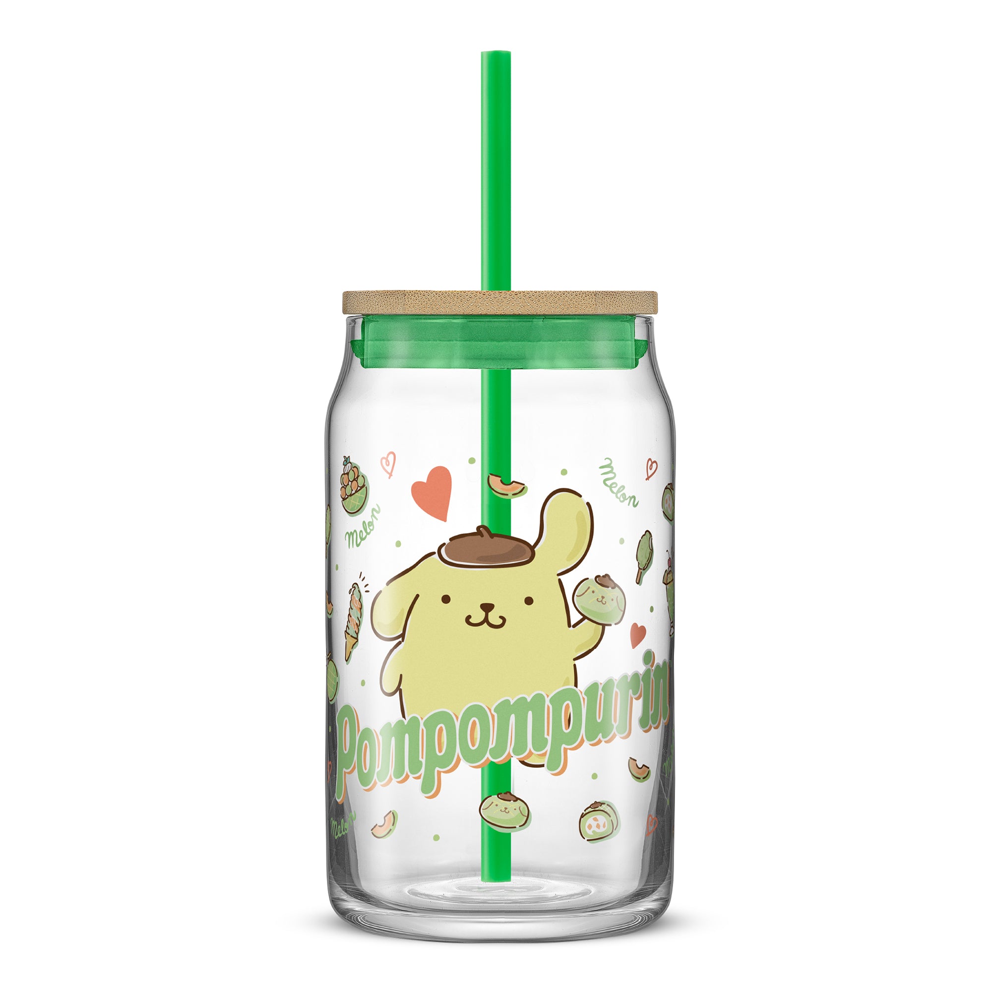 joyjolt-hello-kitty-and-friends-pompompurin-glass-tumbler-with-bamboo-lid-and-st image 1
