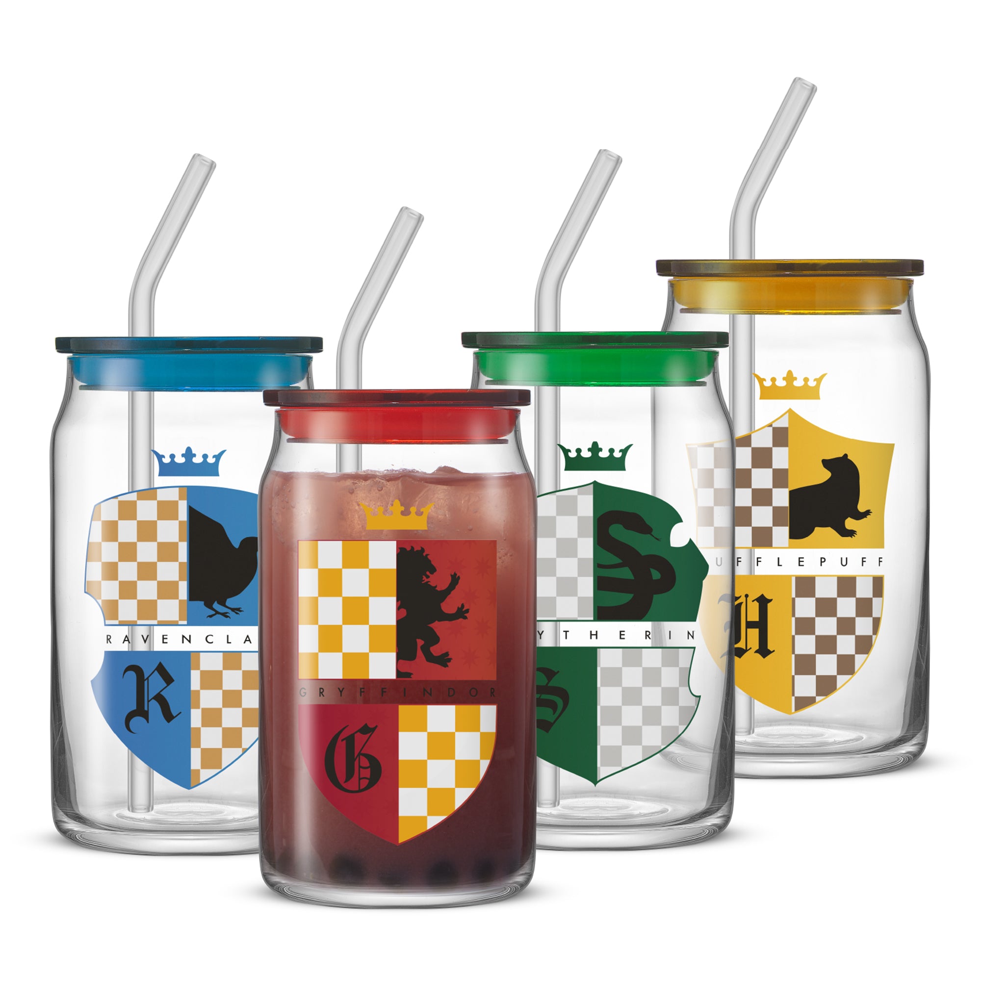joyjolt-harry-potter-house-crests-tumbler-glasses-with-lids-set-of-4-16-oz-each image 1