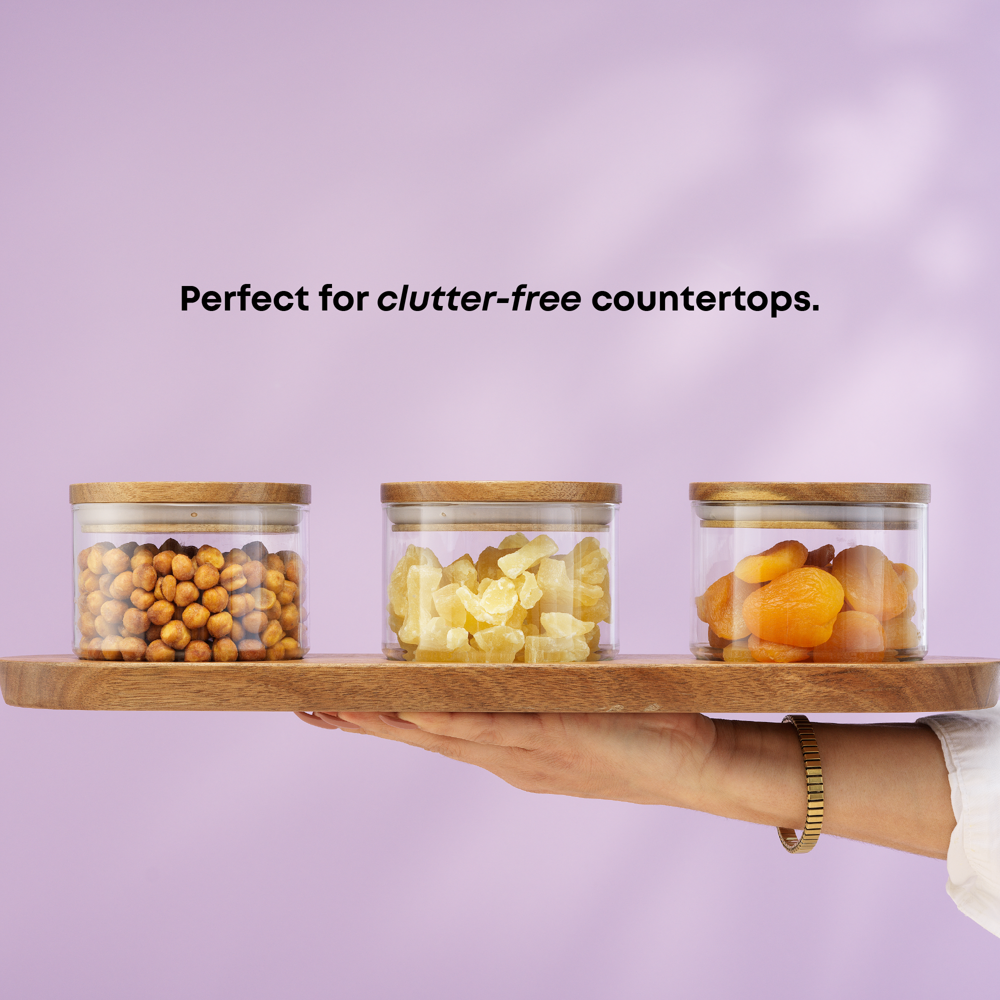 joyjolt-holden-stackable-glass-storage-canister-set-with-wood-lids-and-tray-set- image 2