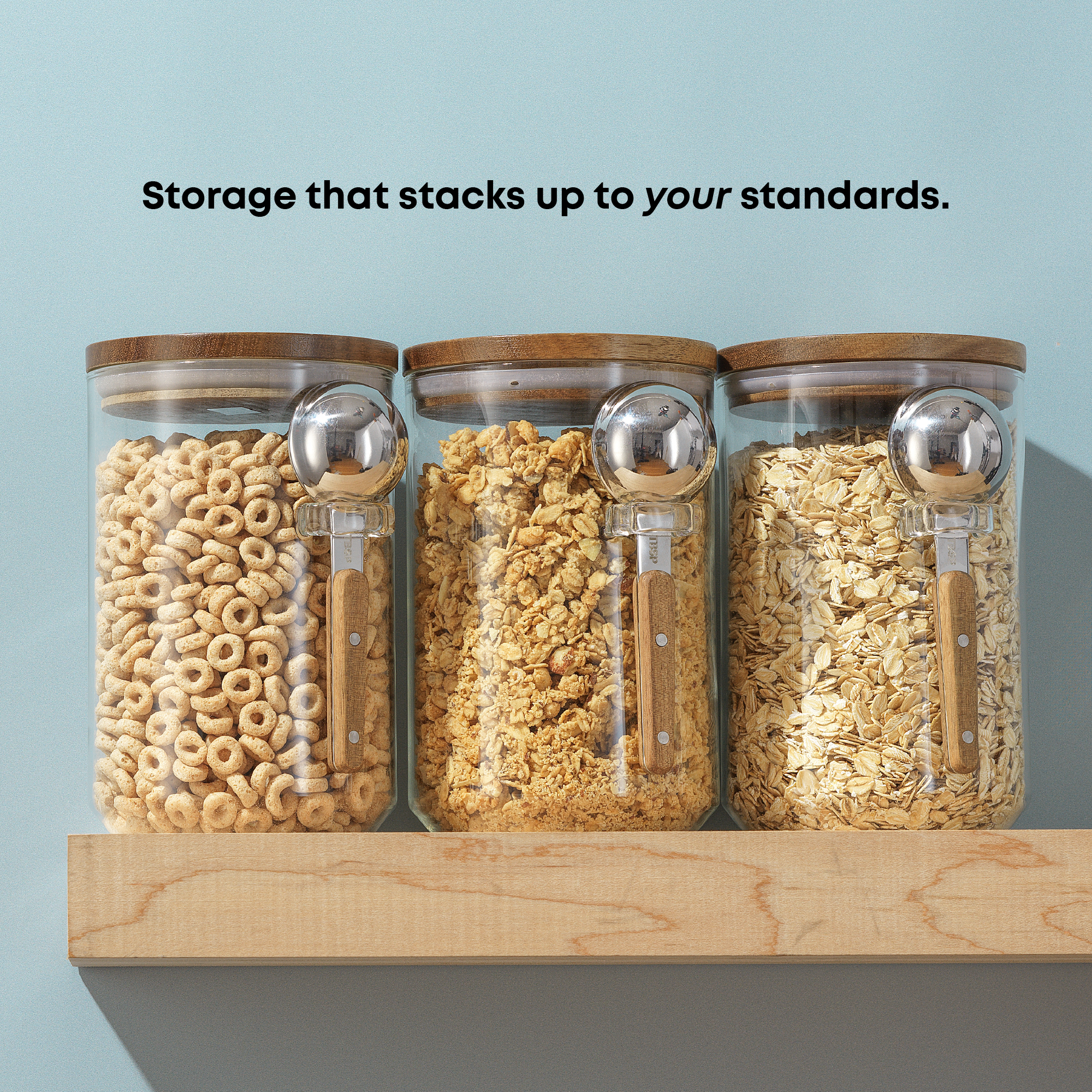 joyjolt-holden-stackable-glass-canister-set-with-acacia-wood-lids-and-scoops-set image 2